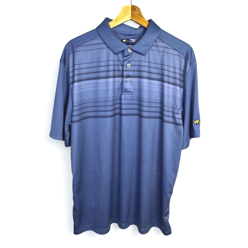 Jack Nicklaus Performance Golf Polo Shirt Blue Striped Golden Bear Outdoor Sz L